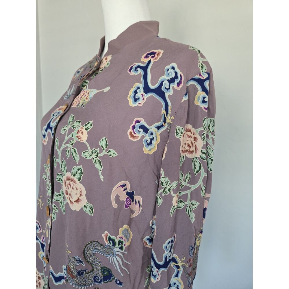 Harari Silk Asian Dragon Print Art Flowy Banded Collar Button Tunic Top Sz S - Picture 4 of 16